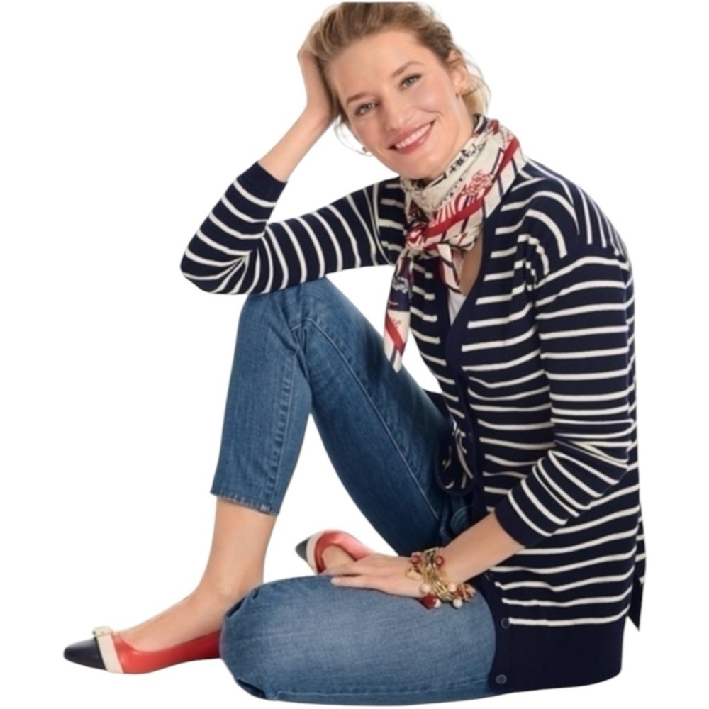 Talbots Forever Girlfriend Cardigan - Navy Stripe Size Small NWT